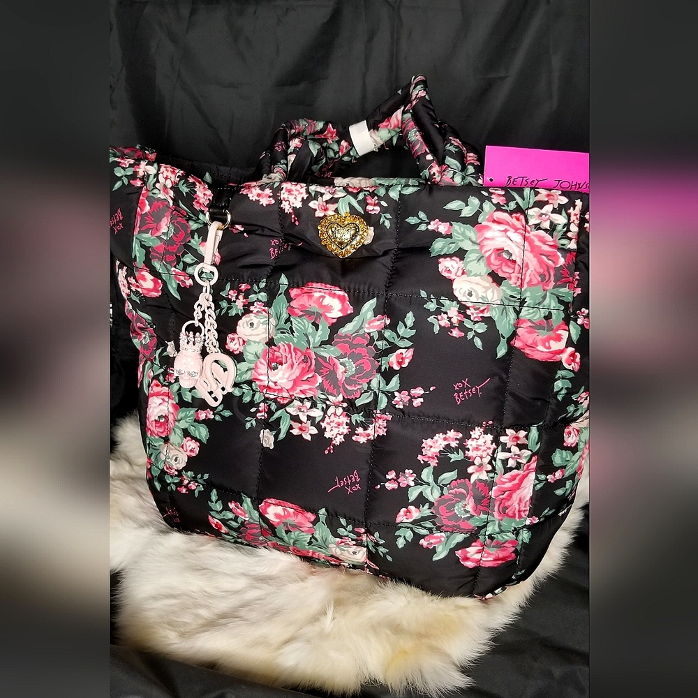 Betsy Johnson Floral Quilted Tote with Crowned Skull Charm -A Collector's Dream